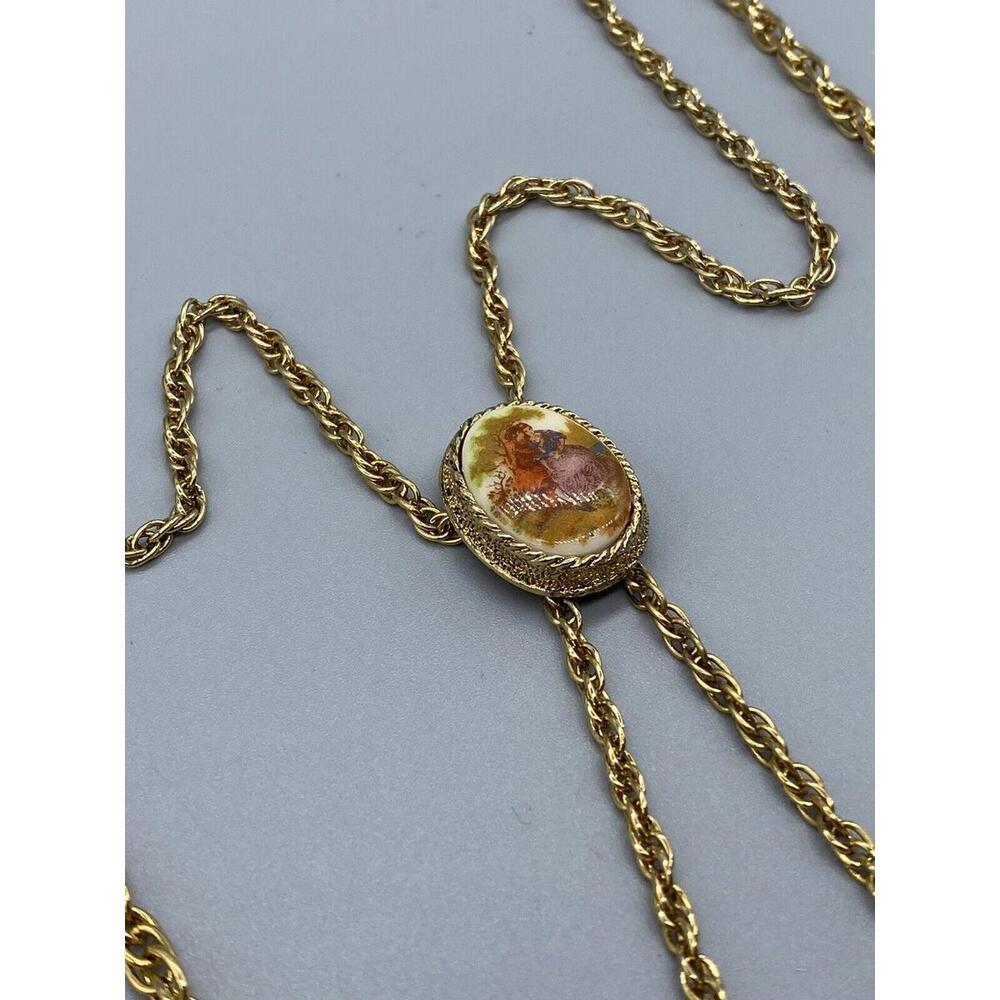 Renaissance Revival Couple Bolo Tie Gold Tone Pearl Double Strand Necklace Rare - Picture 9 of 16